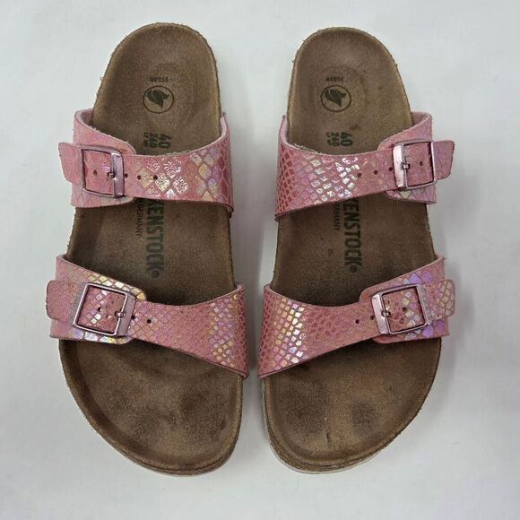 BIRKENSTOCK SYDNEY SHINY SNAKE PRINT PINK SANDALS WOMENS SIZE 9 EU 40 NARROW - Picture 2 of 8